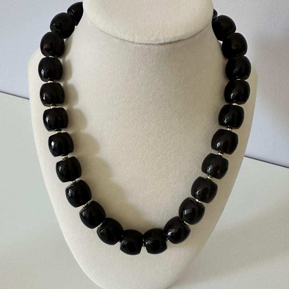 Vintage Chunky Black Beaded Necklace with Small Gold Tone Beads